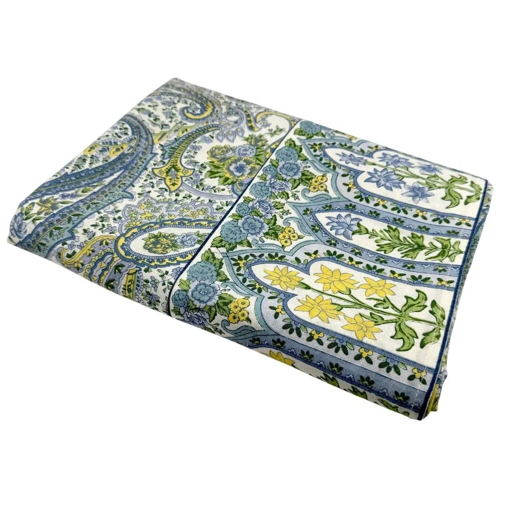 April Cornell Cotton Tablecloth Blue Green Paisley Floral 102x54 Cottage Coastal